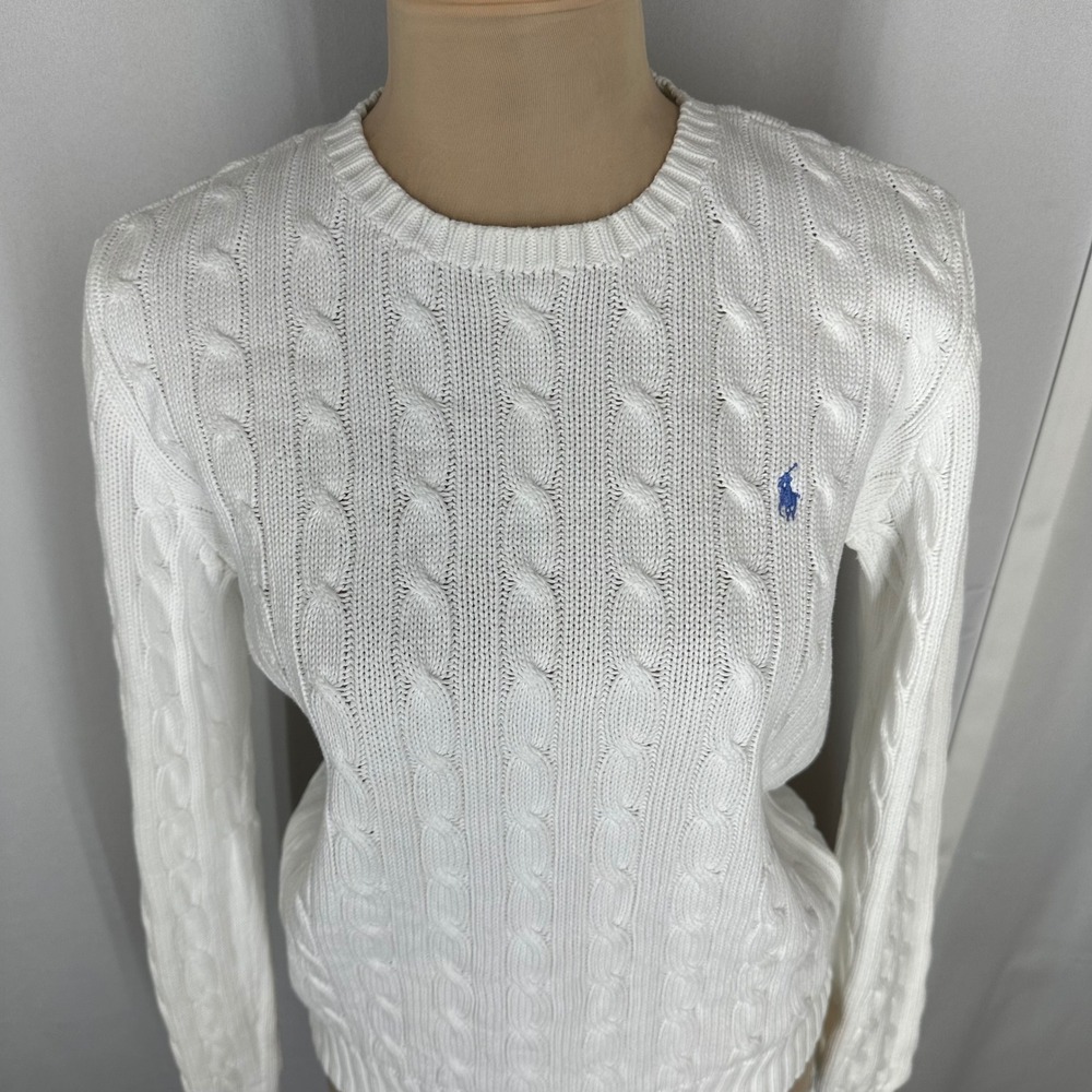 Ralph Lauren White Cable Knit Crewneck Sweater with Blue Pony - Picture 7 of 12